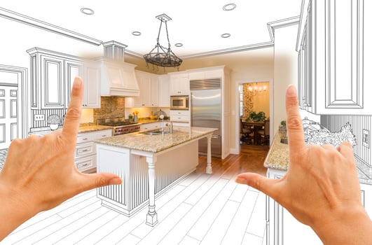 Hands Framing Custom Kitchen Design Drawing and Square Photo Combination