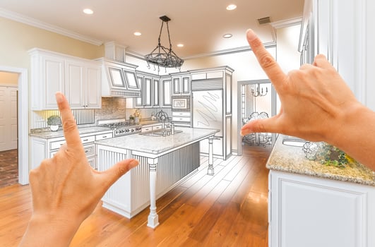 Hands Framing Custom Kitchen Design Drawing and Photo Combination