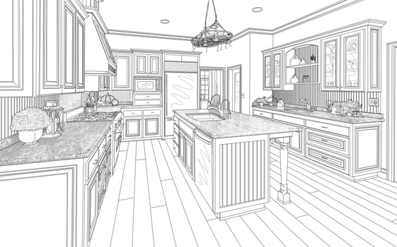 Black Custom Kitchen Design Drawing on White photo