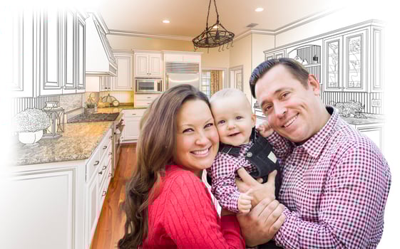 Young Family Over Custom Kitchen Design Drawing and Photo Combination