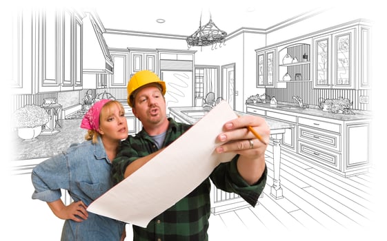 Contractor Discussing Plans with Woman, Kitchen Drawing Behind photo