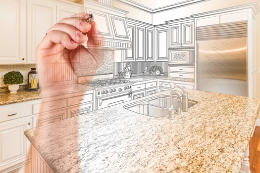 Hand Drawing Custom Kitchen Design With Gradation Revealing Photograph. photo