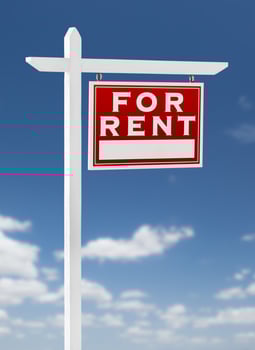 Right Facing For Rent Real Estate Sign on a Blue Sky with Clouds. photo