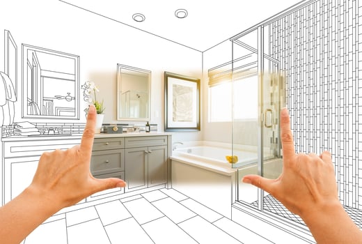 Hands Framing Custom Master Bathroom Photo Section with Drawing Behind