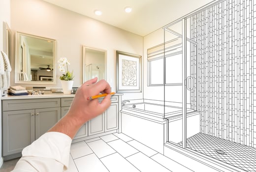 Hand Drawing Custom Master Bathroom with Cross Section of Finished Photograph. photo