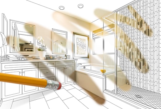 Pencil Erasing Drawing To Reveal Finished Custom Bathroom Design Photograph photo