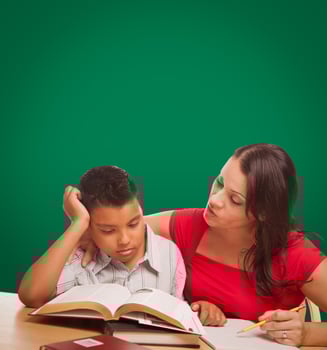 Blank Chalk Board Behind Hispanic Young Boy and Famale Adult Studying photo