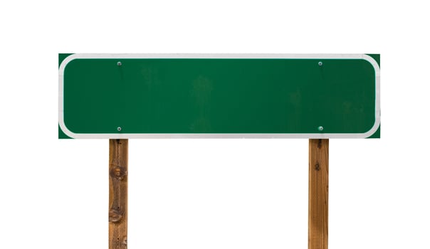 Blank Green Road Sign with Wooden Posts Isolated on a White Background photo