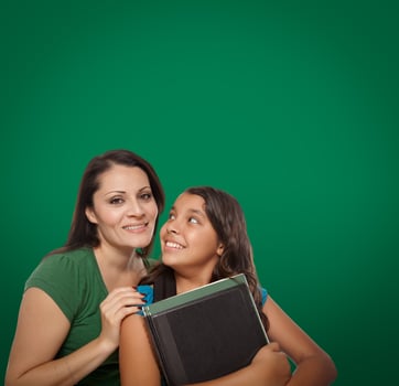 Blank Chalk Board Behind Proud Hispanic Mother and Daughter Student photo