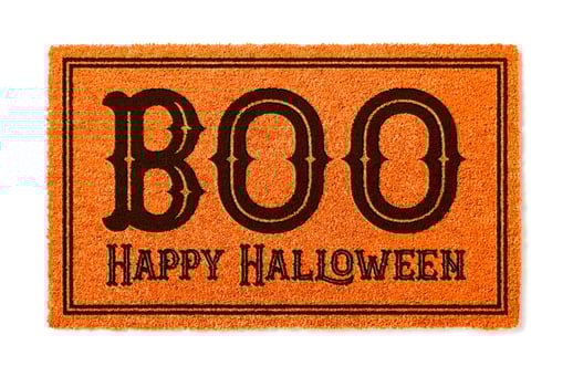 Boo, Happy Halloween Orange Welcome Mat Isolated on White Background photo