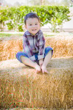 Cute Young Mixed Race Boy Having Fun on Hay Bale photo