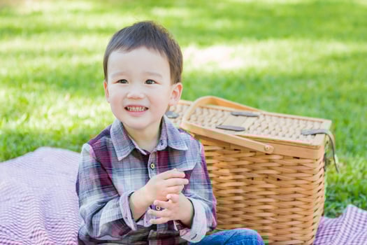 Young Mixed Race Boy Sitting in Park Near Picnic Basket photo