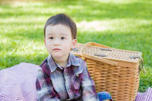 Young Mixed Race Boy Sitting in Park Near Picnic Basket photo