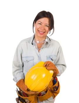 Hispanic Female Contractor Wearing Goggles, Hard Hat and Goggles Isolated on White Background photo