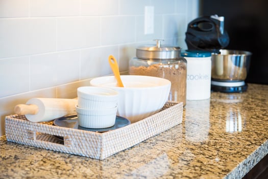 Marble Kitchen Counter Top, Subway Tile Backsplash and Baking Accessories photo