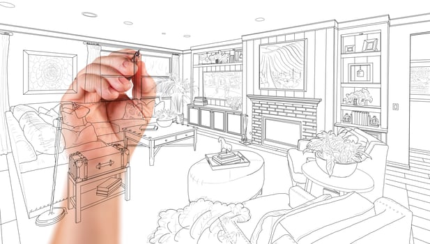 Hand Drawing Custom Living Room Design On A White Background. photo