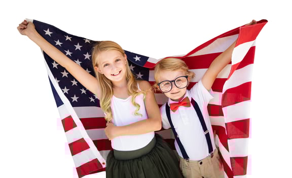 Cute Young Cuacasian Boy and Girl Holding American Flag Isolated On White Background photo
