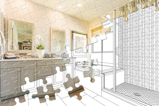 Puzzle Pieces Fitting Together Revealing Finished Bathroom Build Over Drawing photo