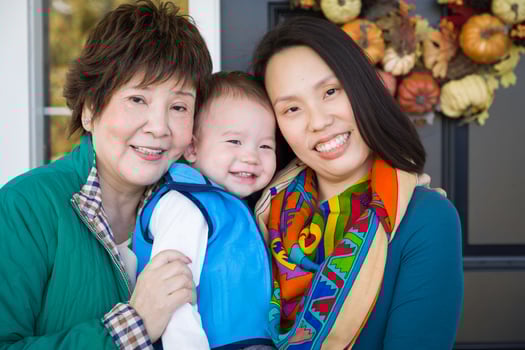 Happy Chinese Senior Adult Grandmother with Her Daughter and Grandson photo