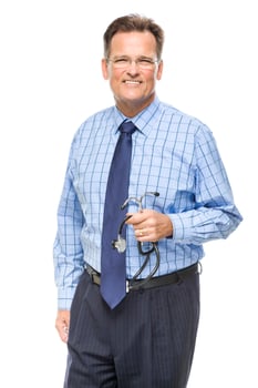 Handsome Smiling Male Doctor with Stethoscope on White photo