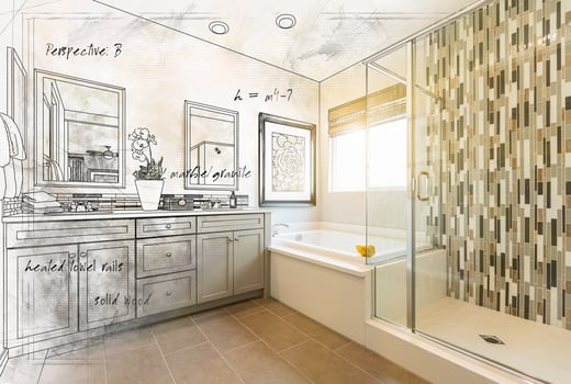 Custom Master Bathroom Design Drawing Gradating to Finished Photograph photo