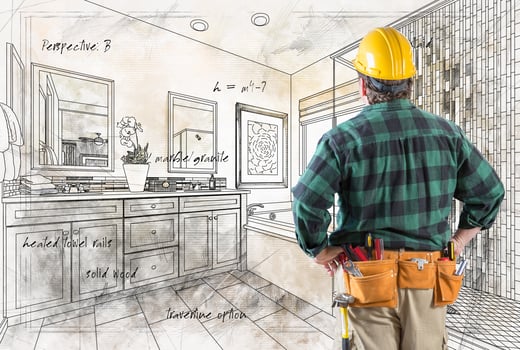 Contractor With Hard Hat and Tool Belt Facing Custom Master Bathroom Design Drawing Details photo