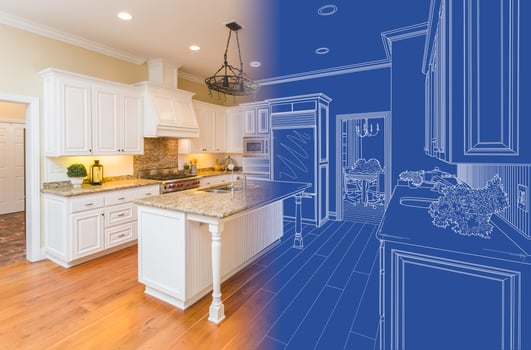 Kitchen Blueprint Drawing Gradating Into Finished Build photo