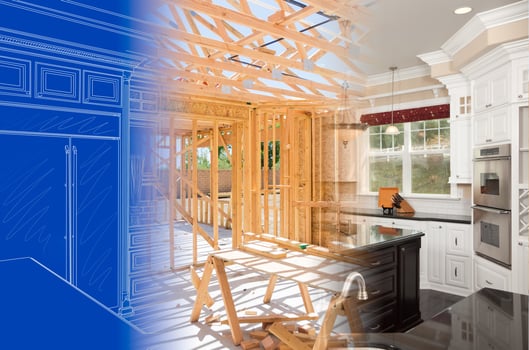 Kitchen Blueprint Drawing Gradating Into House Construction Framing Then Into Finished Build photo
