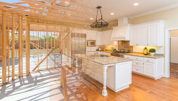 House Construction Framing Gradating Into Finished Kitchen Build photo