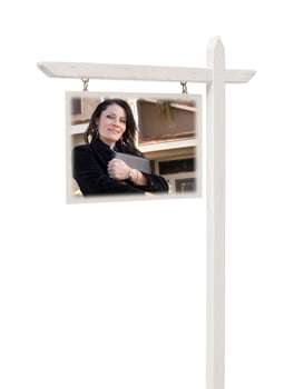 Real Estate Sign with Female Agent and House photo