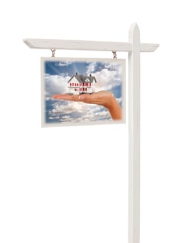 Real Estate Sign with Hand Holding House photo