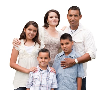 Happy Attractive Hispanic Family Portrait on White photo