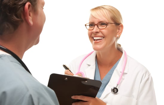 Male and Female Doctors Talking photo
