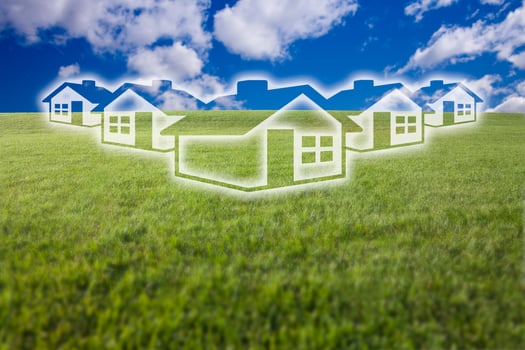 Dreamy Houses Icon Over Grass Field and Sky photo