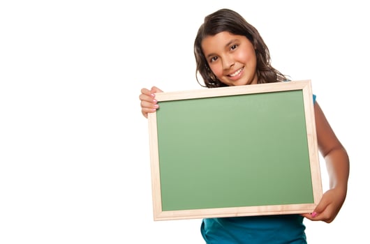 Pretty Hispanic Girl Holding Blank Chalkboard photo