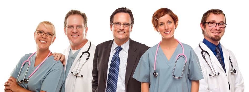 Group of Doctors or Nurses and Businessman on White photo