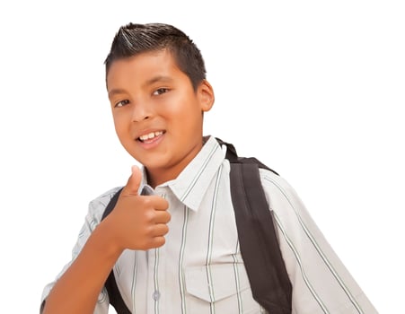Happy Young Hispanic School Boy with Thumbs Up on White photo