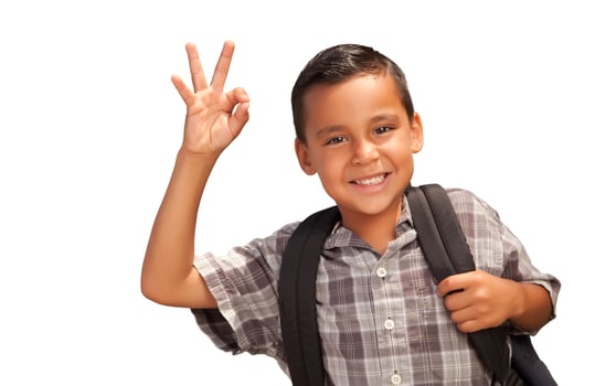 Happy Young Hispanic Boy Giving an Okay Hand Sign with Backpack Ready for School Isolated on a White Background. photo