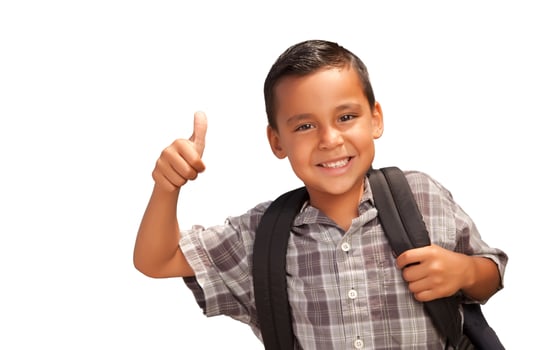 Happy Young Hispanic School Boy with Thumbs Up and Backpack Ready for School Isolated on a White Background. photo