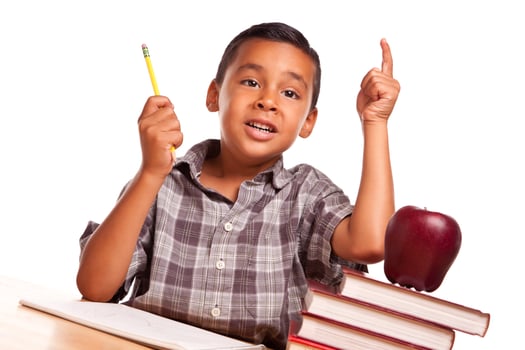 Hispanic Boy Raising His Hand, Books, Apple, Pencil and Paper photo