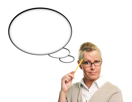 Beautiful Woman and Blank Thought Bubbles and Pencil photo