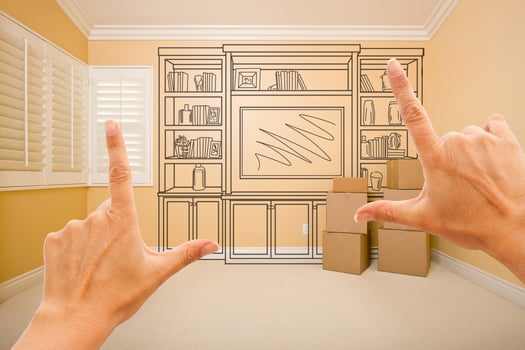 Framing Hands In Empty Room with Shelf Drawing on Wall photo