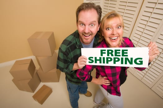 Goofy Couple Holding Free Shipping Sign Surrounded by Boxes photo