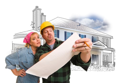 Woman with Contractor Over House Drawing and Photo on White