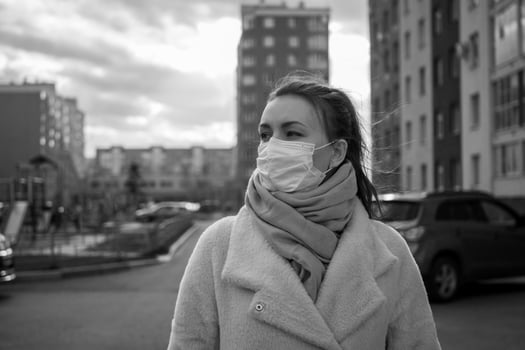Shot of a girl in a mask, on the street. lockdown Covid-19 pandemic. photo