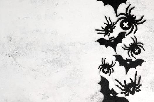 Top view on halloween decorations.Spiders and bats on white concrete with copy space. October 31 concept photo