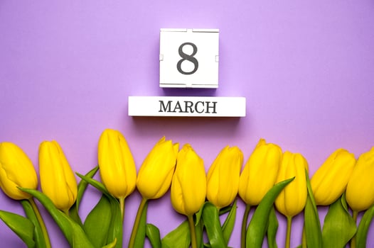 8 march flat lay. Calendar with date lies surrounded with yellow tulips photo