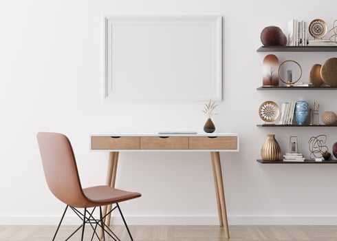Empty picture frame on white wall in modern home office. Mock up interior in scandinavian style. Free space, copy space for your picture, text, or another design. Desk, chair, parquet. 3D rendering. photo
