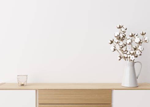 Empty white wall. Mock up interior in contemporary style. Close up view. Free space, copy space for your picture, text, or another design. Sideboard, cotton plant. 3D rendering. photo