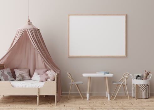 Empty horizontal picture frame on cream wall in modern child room. Mock up interior in scandinavian style. Free, copy space for your picture, poster. Bed, toys. Cozy room for kids. 3D rendering. photo